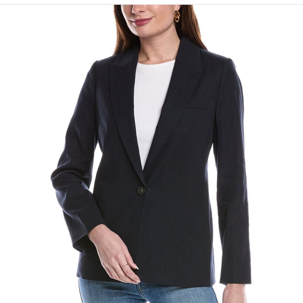 Vince Single Breasted Linen-Blend Blazer in Navy (Marina) Size 12